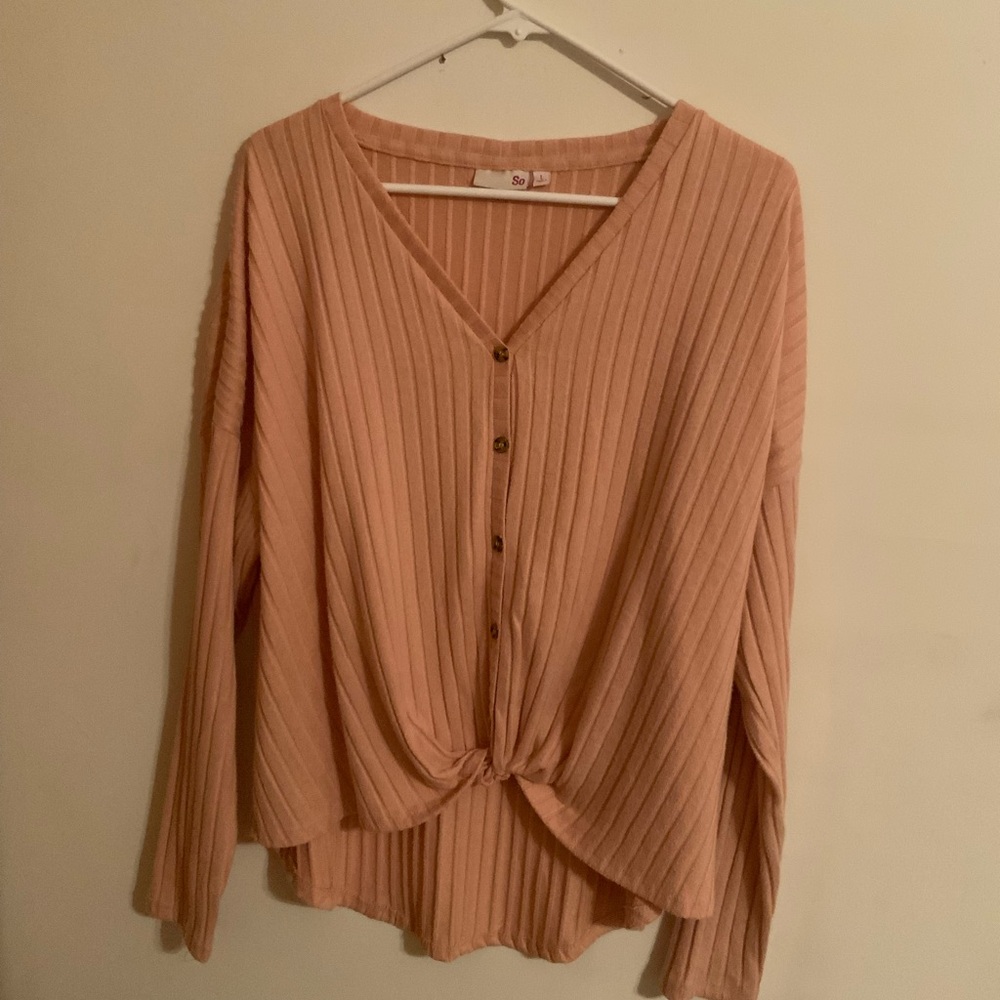 SO Ribbed Button-Down Top - Soft Peach